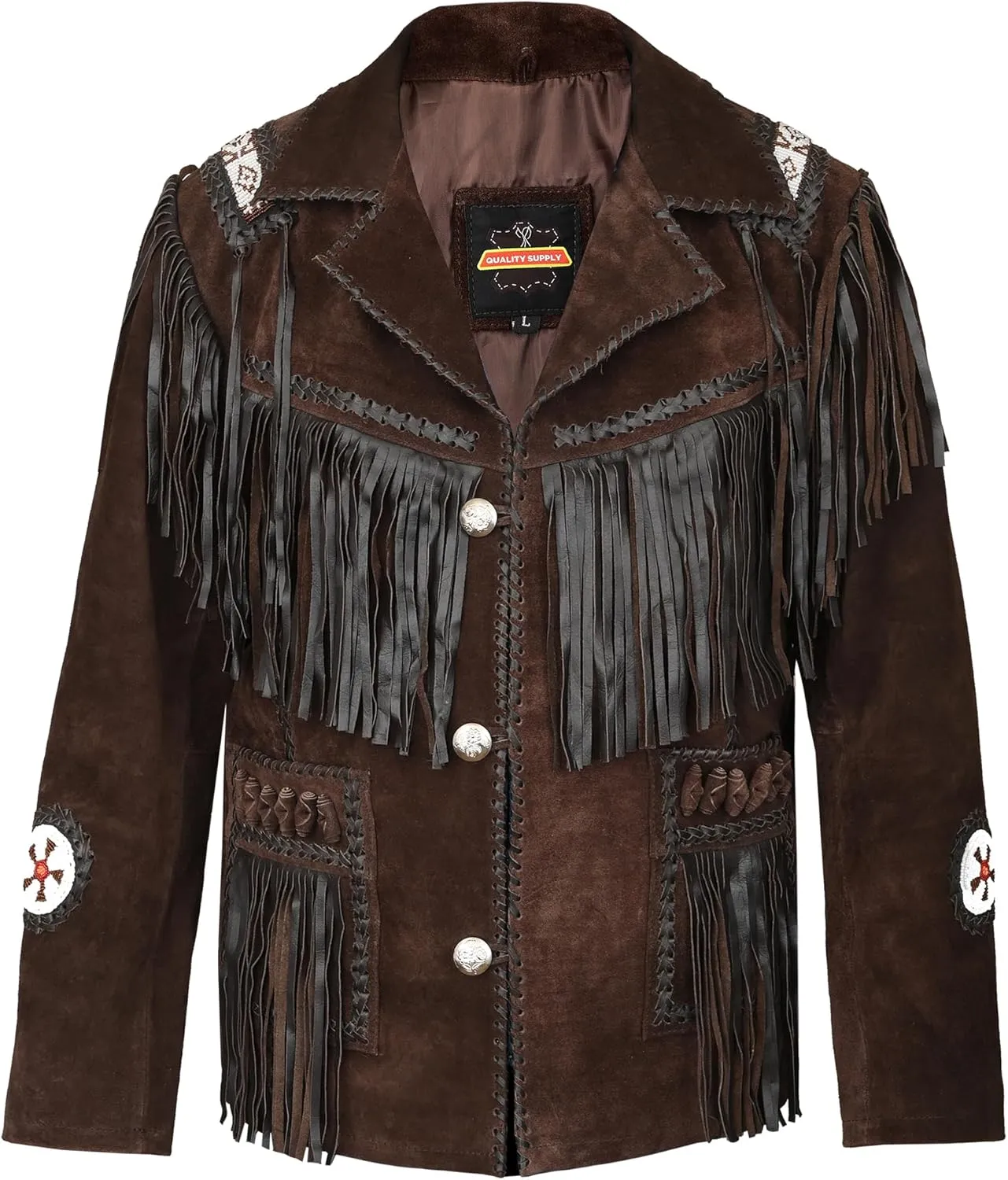 Men's Traditional Cowboy Western Leather Jacket | Native American Suede Coat with Beaded & Fringed