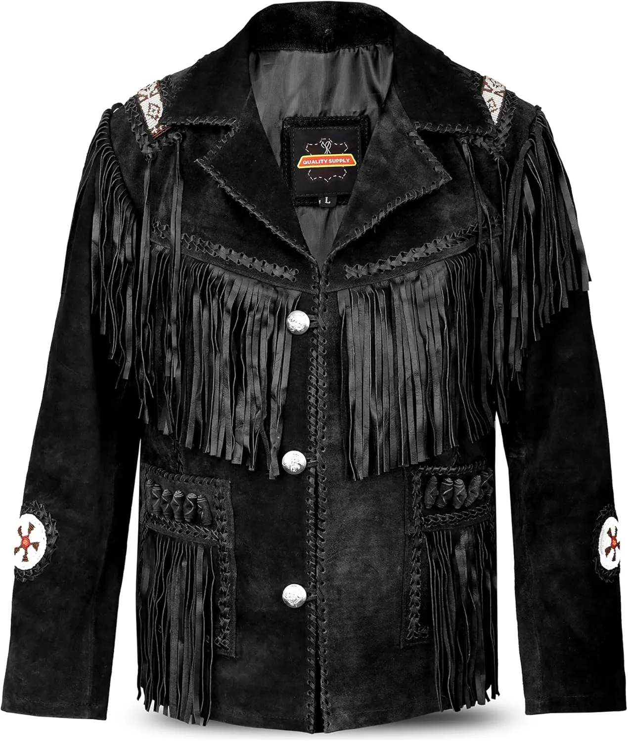 Men's Traditional Cowboy Western Leather Jacket | Native American Suede Coat with Beaded & Fringed