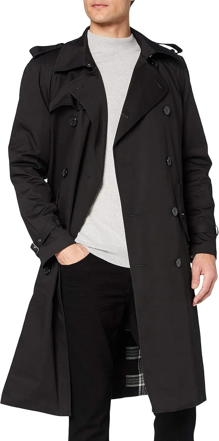 Mens Traditional Double Breasted Long Trench Coat Cotton Military Rain Mac TopCoat