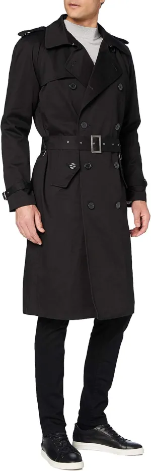 Mens Traditional Double Breasted Long Trench Coat Cotton Military Rain Mac TopCoat