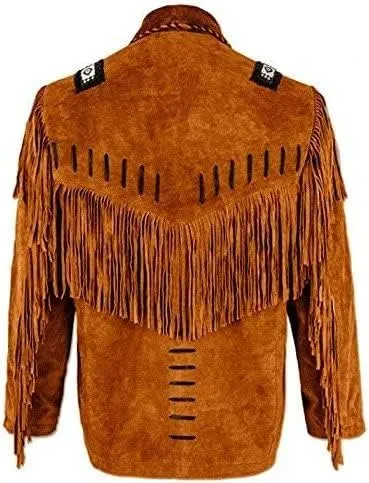 Mens Traditional Western Cowboy Suede Leather Jacket | Classic Native American jacket Coat with Beaded Fringed