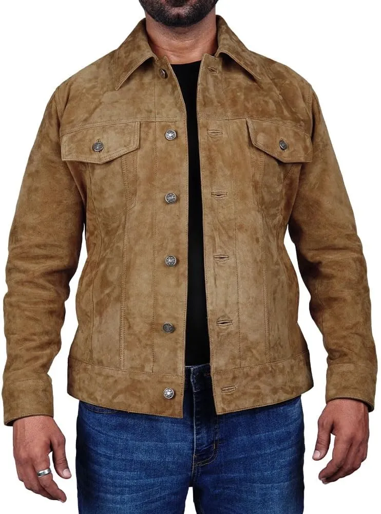 Mens Trucker Suede Leather Jacket Western Style Cowboy Suede Leather Jacket for Mens