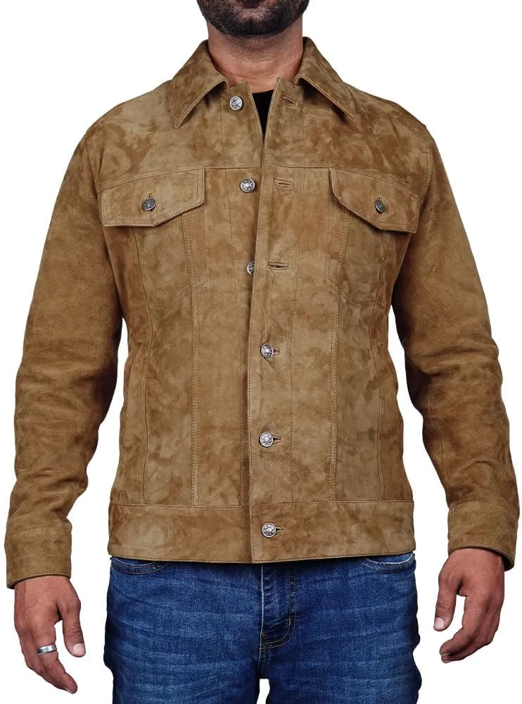 Mens Trucker Suede Leather Jacket Western Style Cowboy Suede Leather Jacket for Mens
