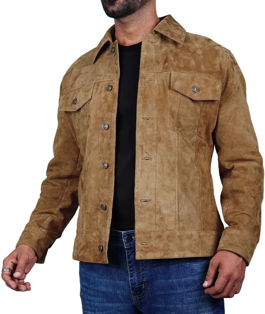 Mens Trucker Suede Leather Jacket Western Style Cowboy Suede Leather Jacket for Mens