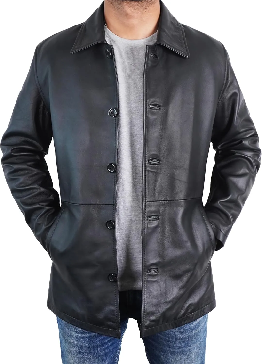 Men's Vintage Blazer Leather Trench Car Coat - Jensen Ackles Genuine Leather Blazer for Men