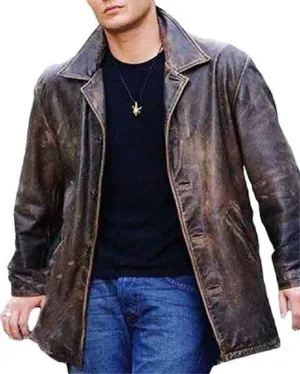 Men's Vintage Blazer Leather Trench Car Coat - Jensen Ackles Genuine Leather Blazer for Men