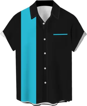 Men's Vintage Bowling Shirts 1950s Casual Short Sleeve Button Up Contrast Shirt Summer Color Block Cuban Shirts
