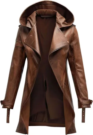 Men's Vintage Brown Distressed Sheepskin Leather Trench Coat with Hood, Mid-Length Casual Winter Jacket.