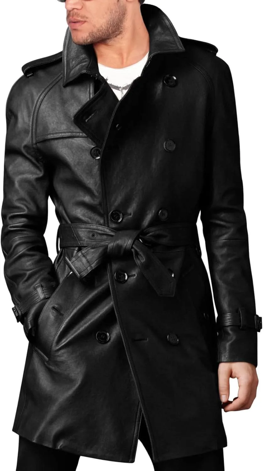 Men's Vintage Classic Stylish Black Belted Long Leather Trench Coat