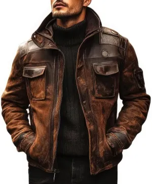 Men's Vintage Distressed Leather Jacket  Classic Military Aviator Bomber Coat  Genuine Brown Leather Retro Biker Jacket