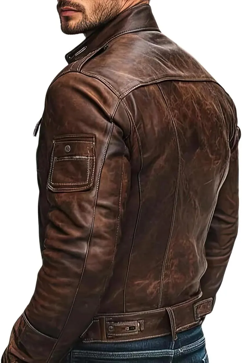Men's Vintage Distressed Leather Jacket  Classic Military Aviator Bomber Coat  Genuine Brown Leather Retro Biker Jacket