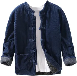 Men's warm cotton-padded jacket with knot buttons, loose casual Chinese style coat