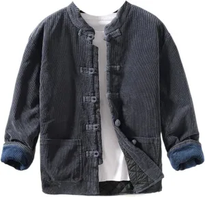 Men's warm cotton-padded jacket with knot buttons, loose casual Chinese style coat