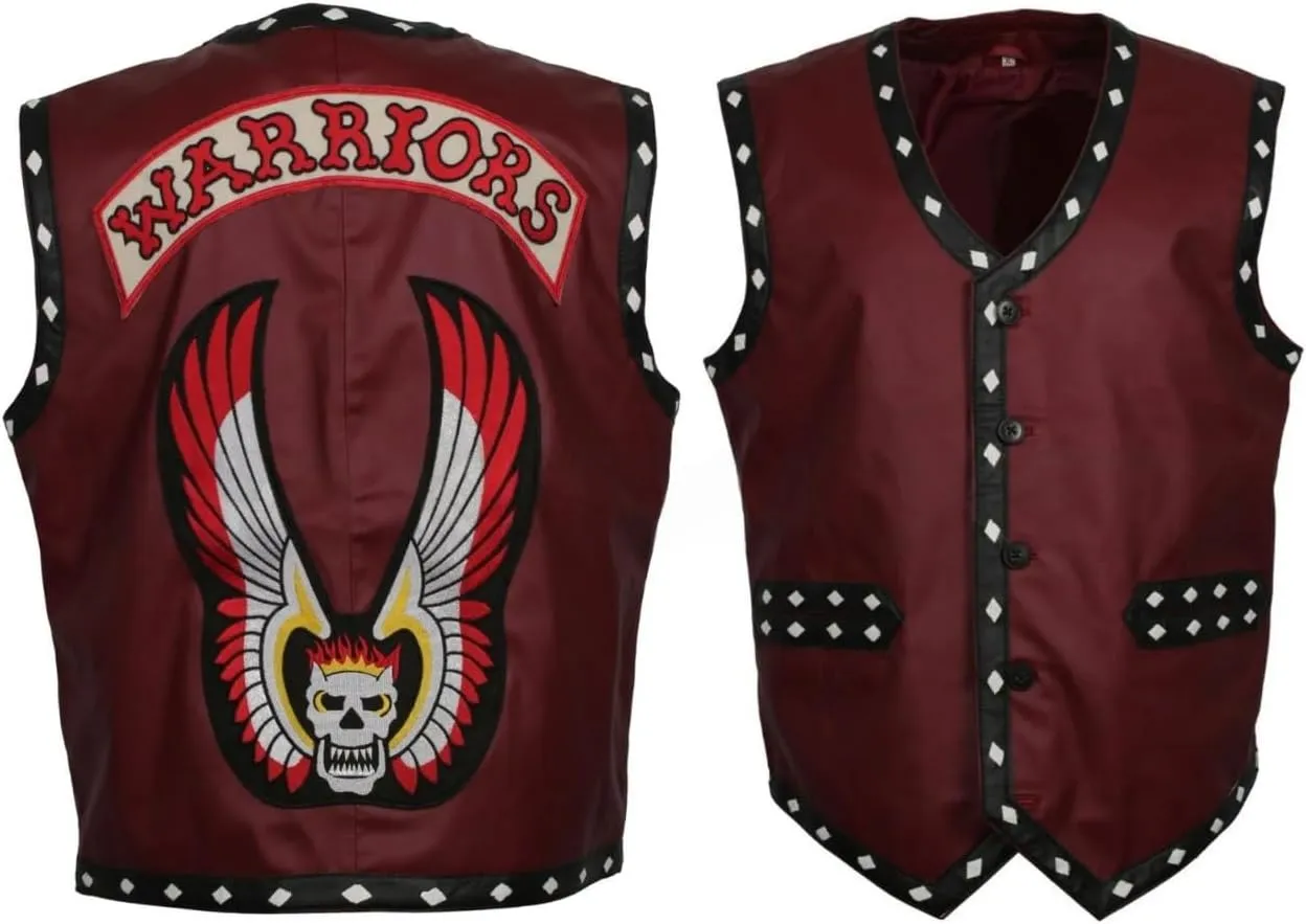 Men's Warriors Embroided Stylish Halloween Costume Genuine Motorcycle Gangster Biker Leather Vest Jacket
