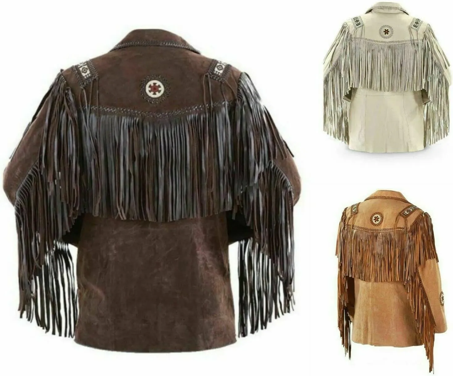 Men's Western Cowboy Jacket with Fringed Beads Native American Suede Leather Coat