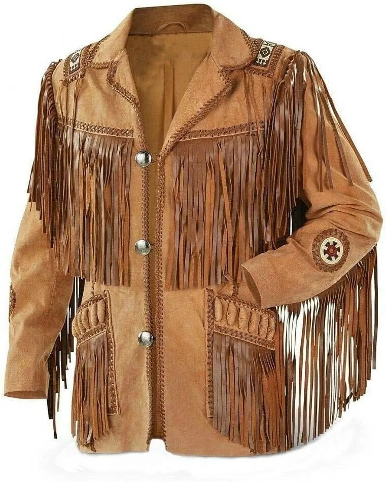 Men's Western Cowboy Jacket with Fringed Beads Native American Suede Leather Coat