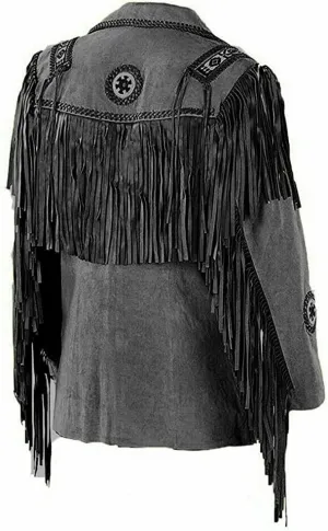 Men's Western Cowboy Jacket with Fringed Beads Native American Suede Leather Coat