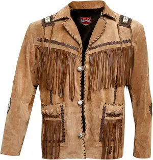 Men's Western Cowboy Jacket with Fringed Beads Native American Suede Leather Coat