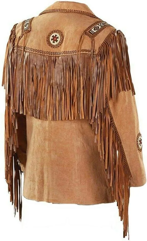 Men's Western Cowboy Jacket with Fringed Beads Native American Suede Leather Coat
