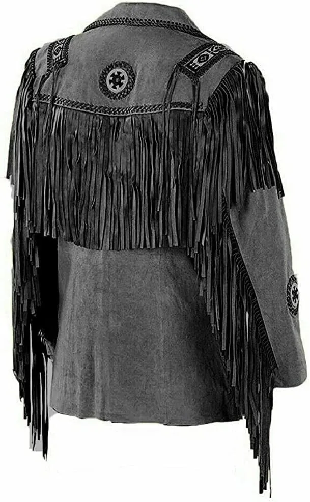 Men's Western Cowboy Jacket with Fringed Beads Native American Suede Leather Coat