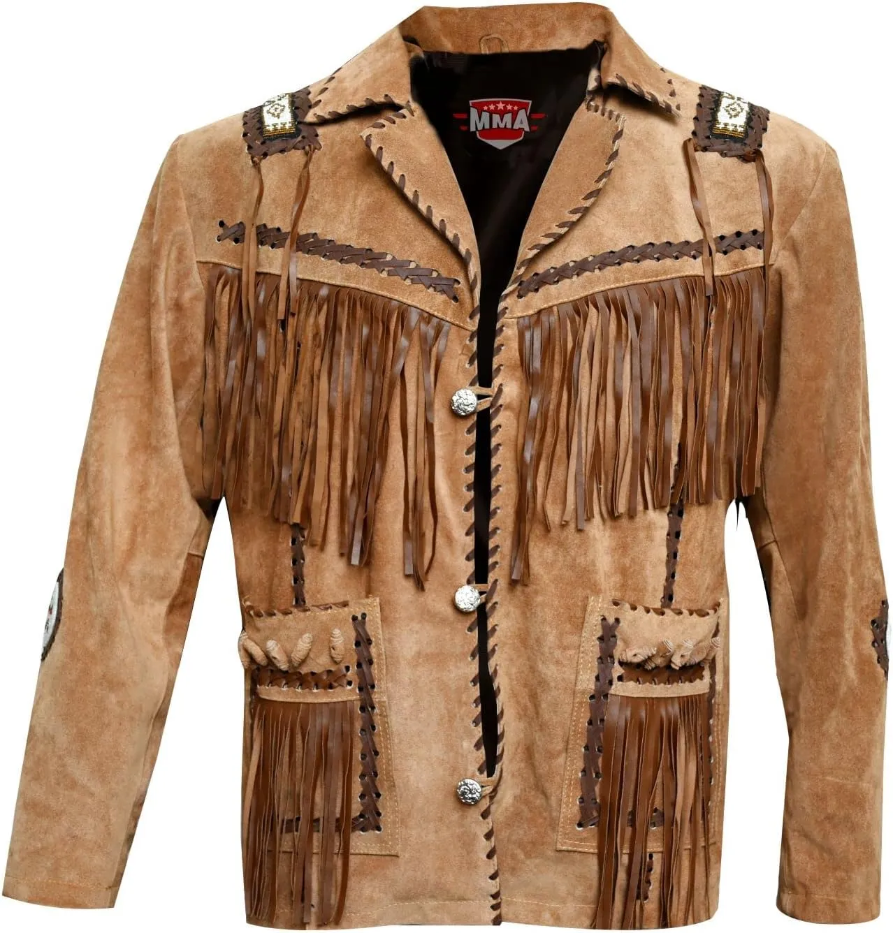 Men's Western Cowboy Jacket with Fringed Beads Native American Suede Leather Coat