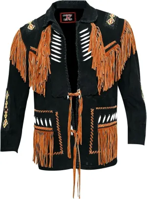 Men's Western Cowboy Leather Jacket Bone Fringed Suede Native American Leather Coat -Black (X-Small) (RP-786)