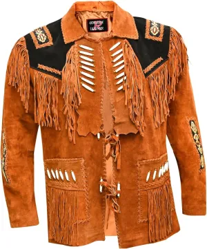 Mens Western Cowboy Leather Jacket Fringed Boned Native American Suede Beaded Tan Brown Large RP-786 0