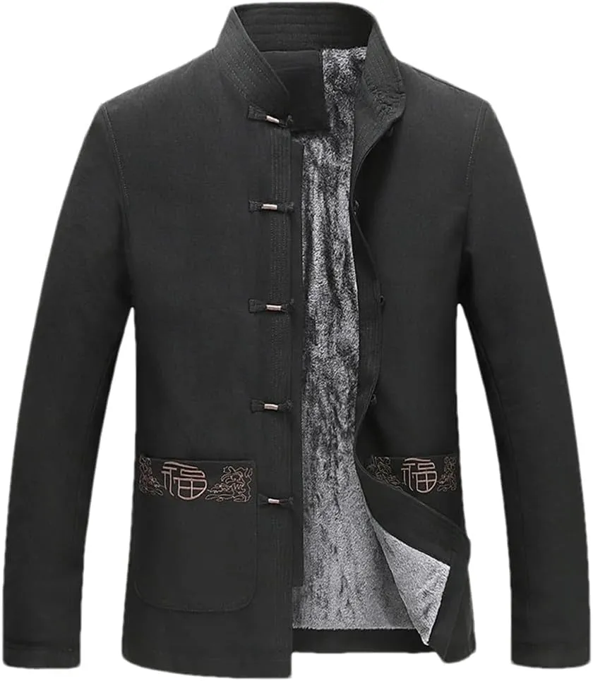 Mens Winter Chinese Style Cotton Padded Jacket Tang Stand Collar Embroidered Men's Coat