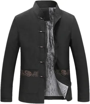 Mens Winter Chinese Style Cotton Padded Jacket Tang Stand Collar Embroidered Men's Coat