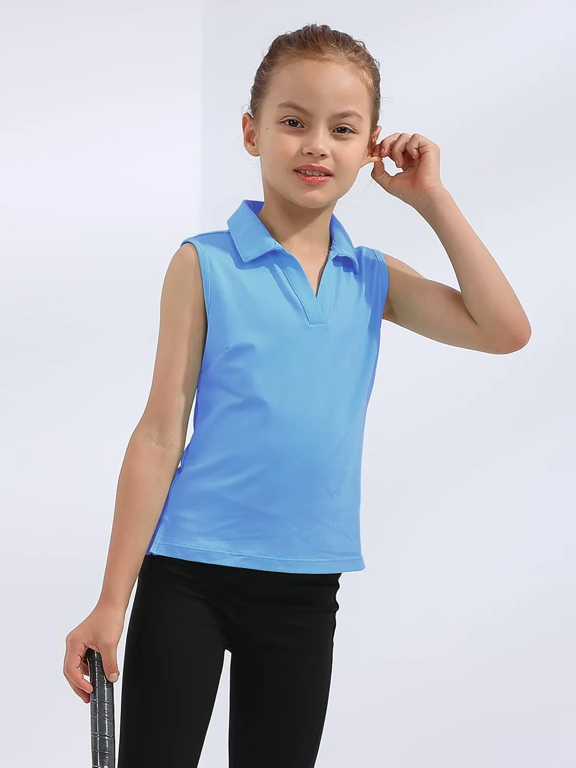 MERIABNY Girls Golf Polo Shirts Sleeveless V Neck Shirts for 5-12 Years