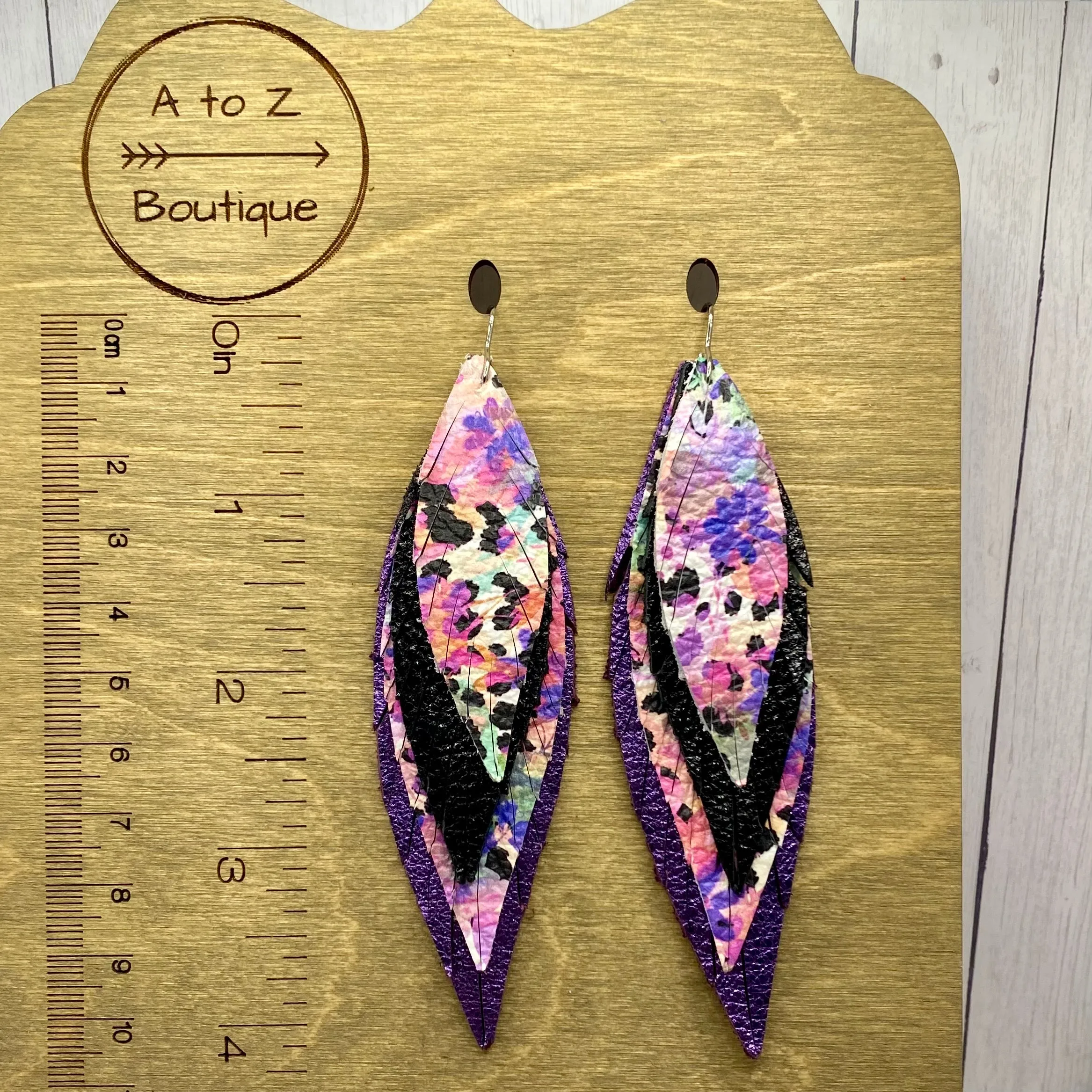 Metallic Purple Black Floral Watercolor Large Leather Skinny Feather Earrings
