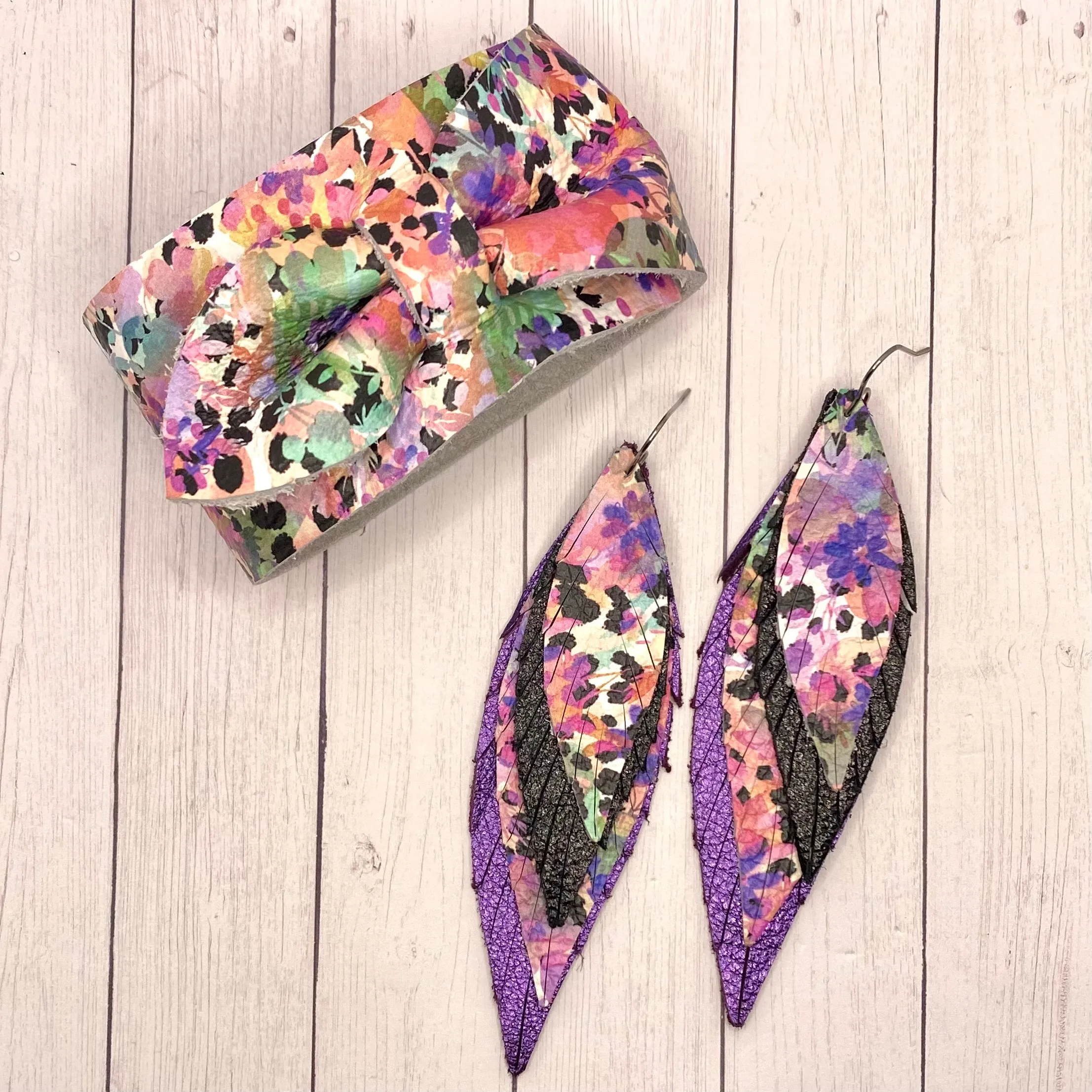 Metallic Purple Black Floral Watercolor Large Leather Skinny Feather Earrings