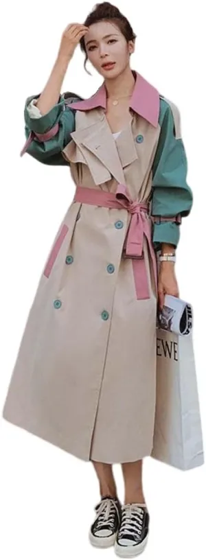 MLAFE Women's Double-Breasted Trench Coat Cute Patchwork Color Clash Coat Classic Loose England Style Lapel for Fashionable