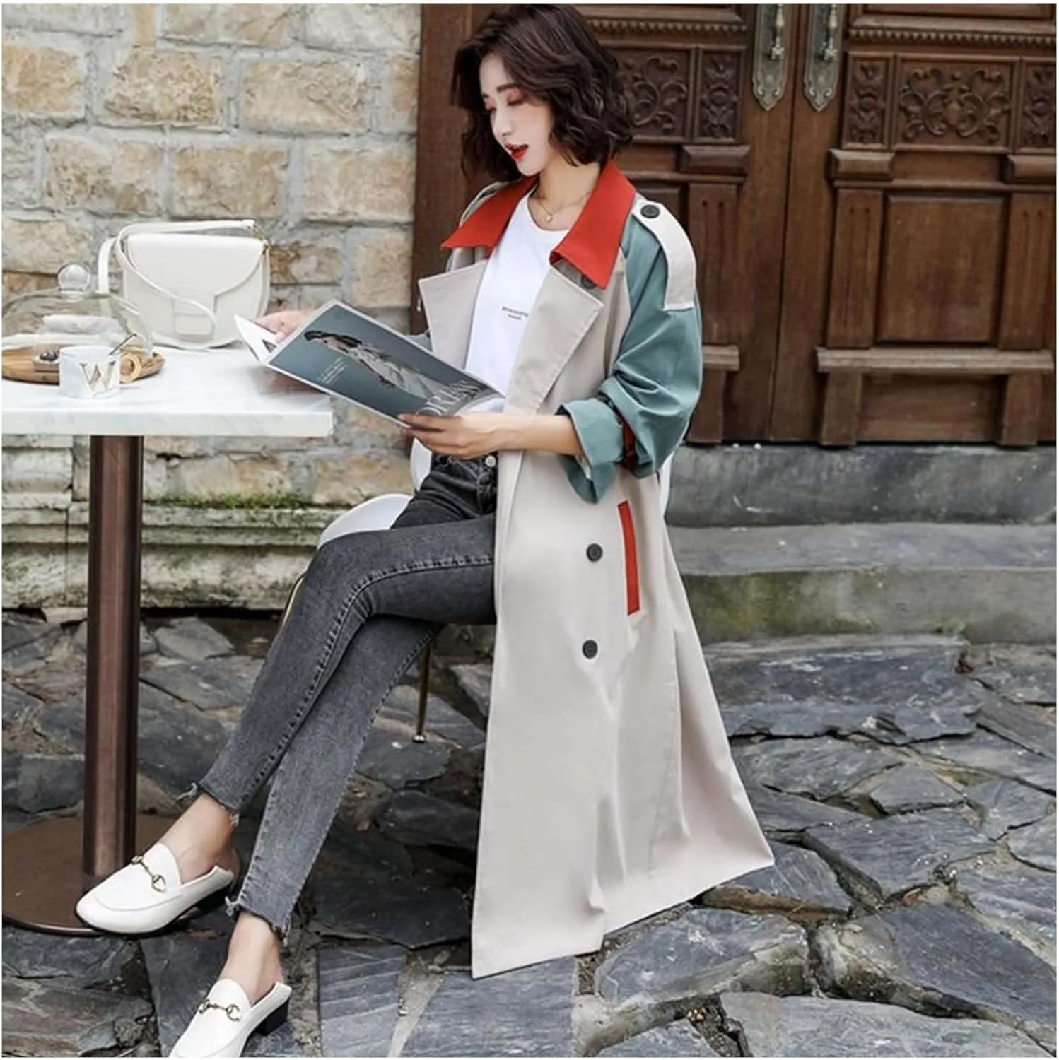 MLAFE Women's Double-Breasted Trench Coat Cute Patchwork Color Clash Coat Classic Loose England Style Lapel for Fashionable