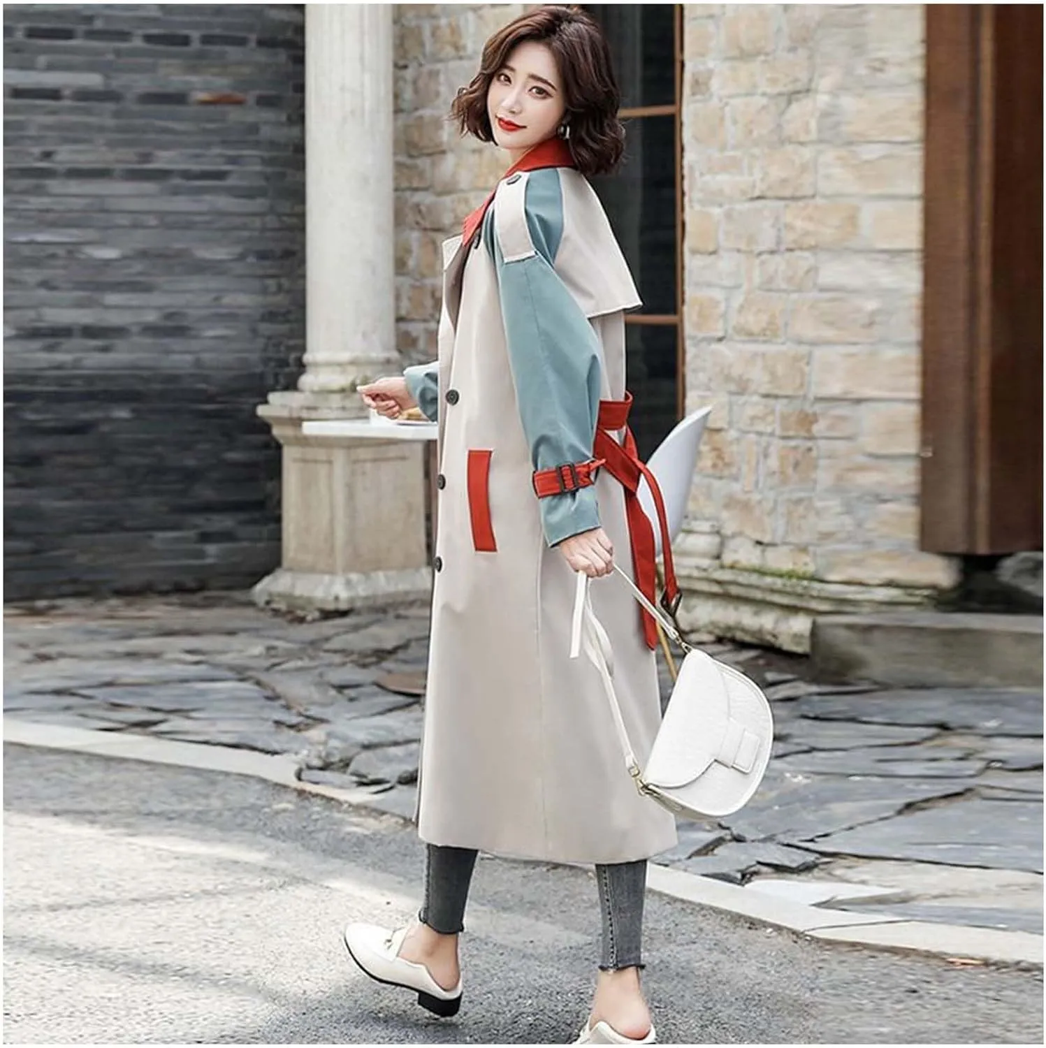 MLAFE Women's Double-Breasted Trench Coat Cute Patchwork Color Clash Coat Classic Loose England Style Lapel for Fashionable