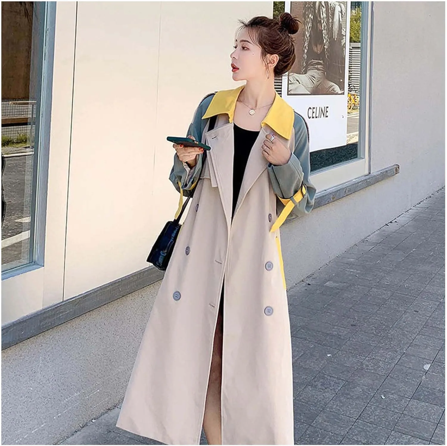 MLAFE Women's Double-Breasted Trench Coat Cute Patchwork Color Clash Coat Classic Loose England Style Lapel for Fashionable