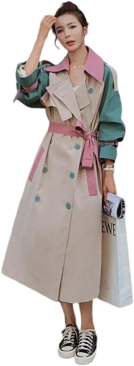 MLAFE Women's Double-Breasted Trench Coat Cute Patchwork Color Clash Coat Classic Loose England Style Lapel for Fashionable