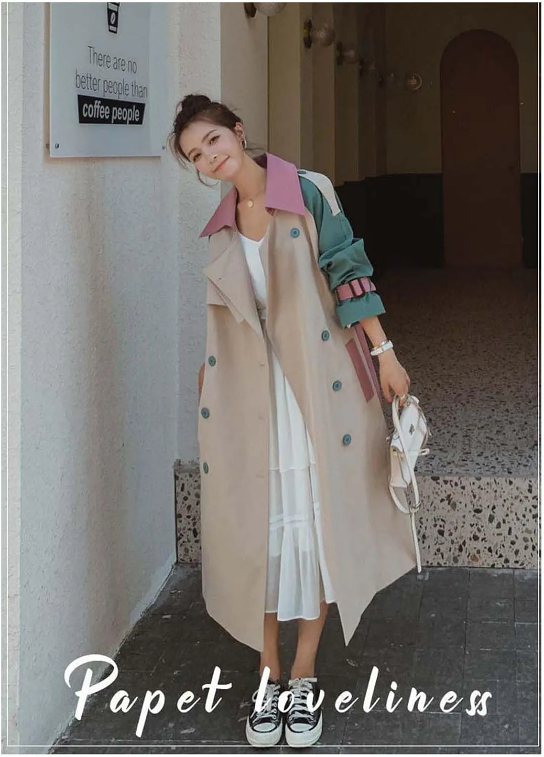 MLAFE Women's Double-Breasted Trench Coat Cute Patchwork Color Clash Coat Classic Loose England Style Lapel for Fashionable