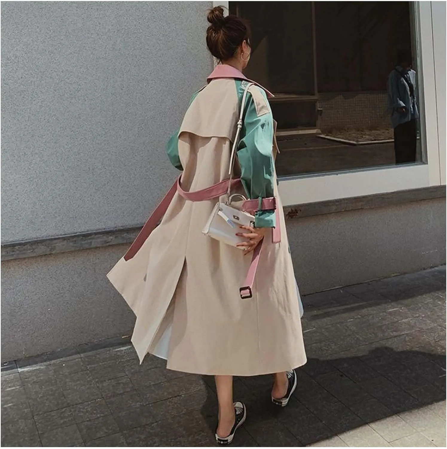 MLAFE Women's Double-Breasted Trench Coat Cute Patchwork Color Clash Coat Classic Loose England Style Lapel for Fashionable
