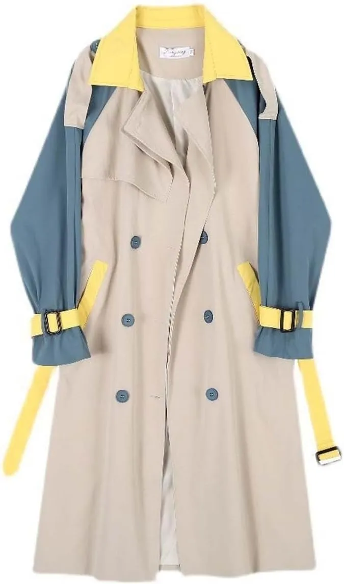 MLAFE Women's Double-Breasted Trench Coat Cute Patchwork Color Clash Coat Classic Loose England Style Lapel for Fashionable