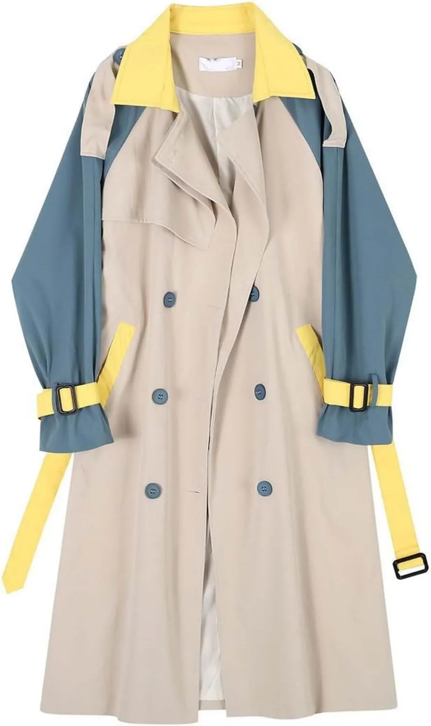 MLAFE Women's Double-Breasted Trench Coat Cute Patchwork Color Clash Coat Classic Loose England Style Lapel for Fashionable