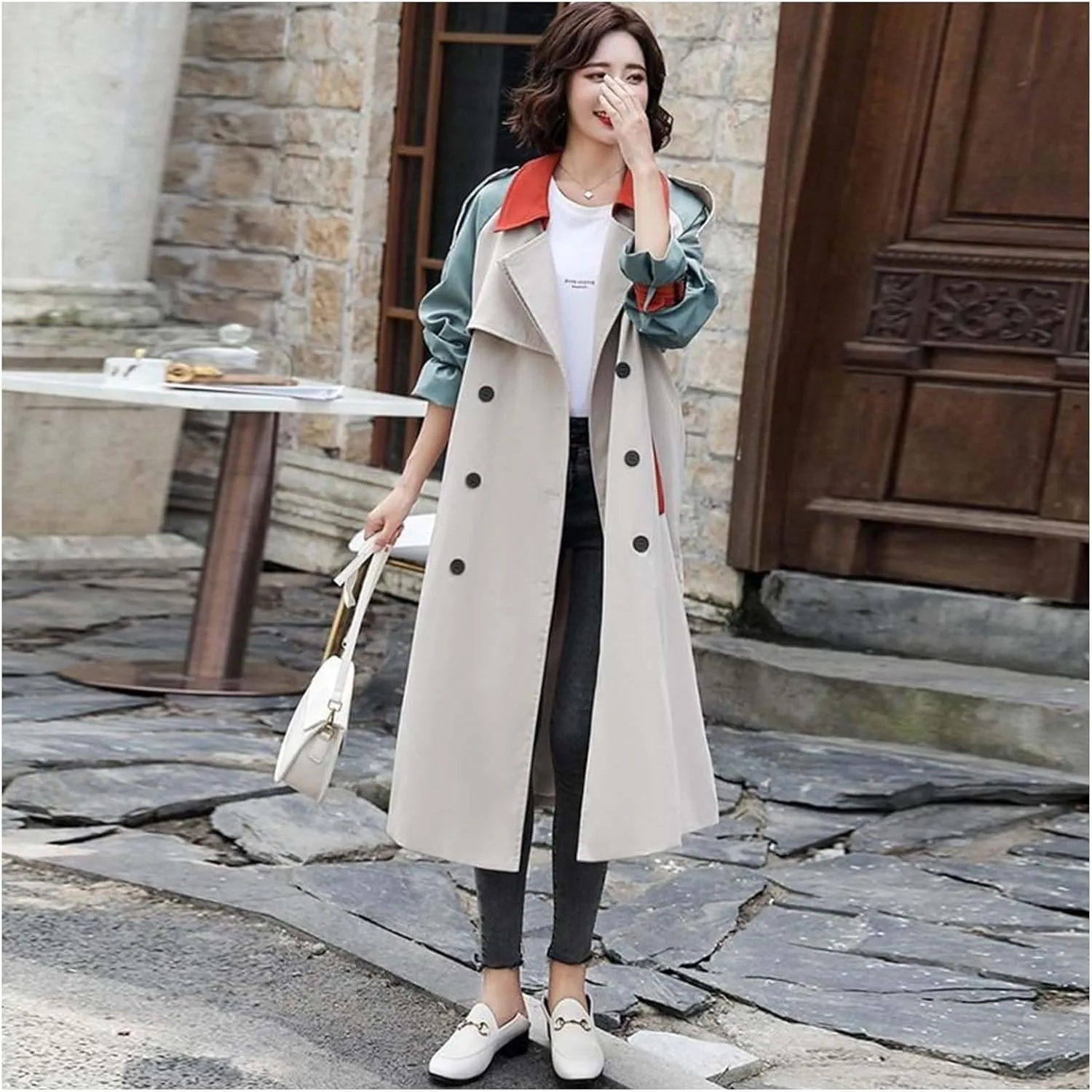 MLAFE Women's Double-Breasted Trench Coat Cute Patchwork Color Clash Coat Classic Loose England Style Lapel for Fashionable