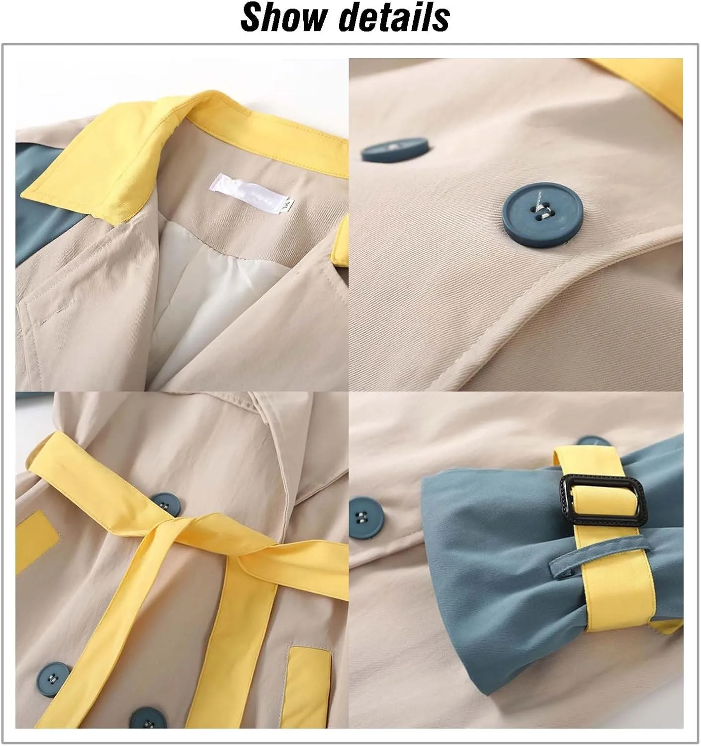 MLAFE Women's Double-Breasted Trench Coat Cute Patchwork Color Clash Coat Classic Loose England Style Lapel for Fashionable