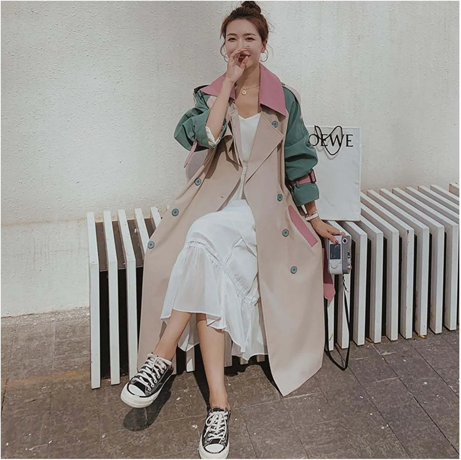 MLAFE Women's Double-Breasted Trench Coat Cute Patchwork Color Clash Coat Classic Loose England Style Lapel for Fashionable