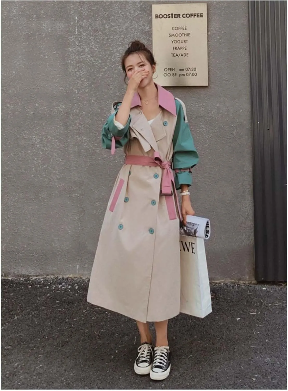 MLAFE Women's Double-Breasted Trench Coat Cute Patchwork Color Clash Coat Classic Loose England Style Lapel for Fashionable