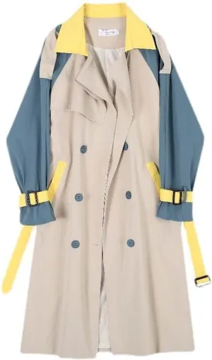 MLAFE Women's Double-Breasted Trench Coat Cute Patchwork Color Clash Coat Classic Loose England Style Lapel for Fashionable