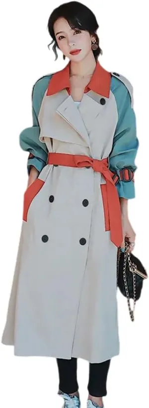 MLAFE Women's Double-Breasted Trench Coat Cute Patchwork Color Clash Coat Classic Loose England Style Lapel for Fashionable