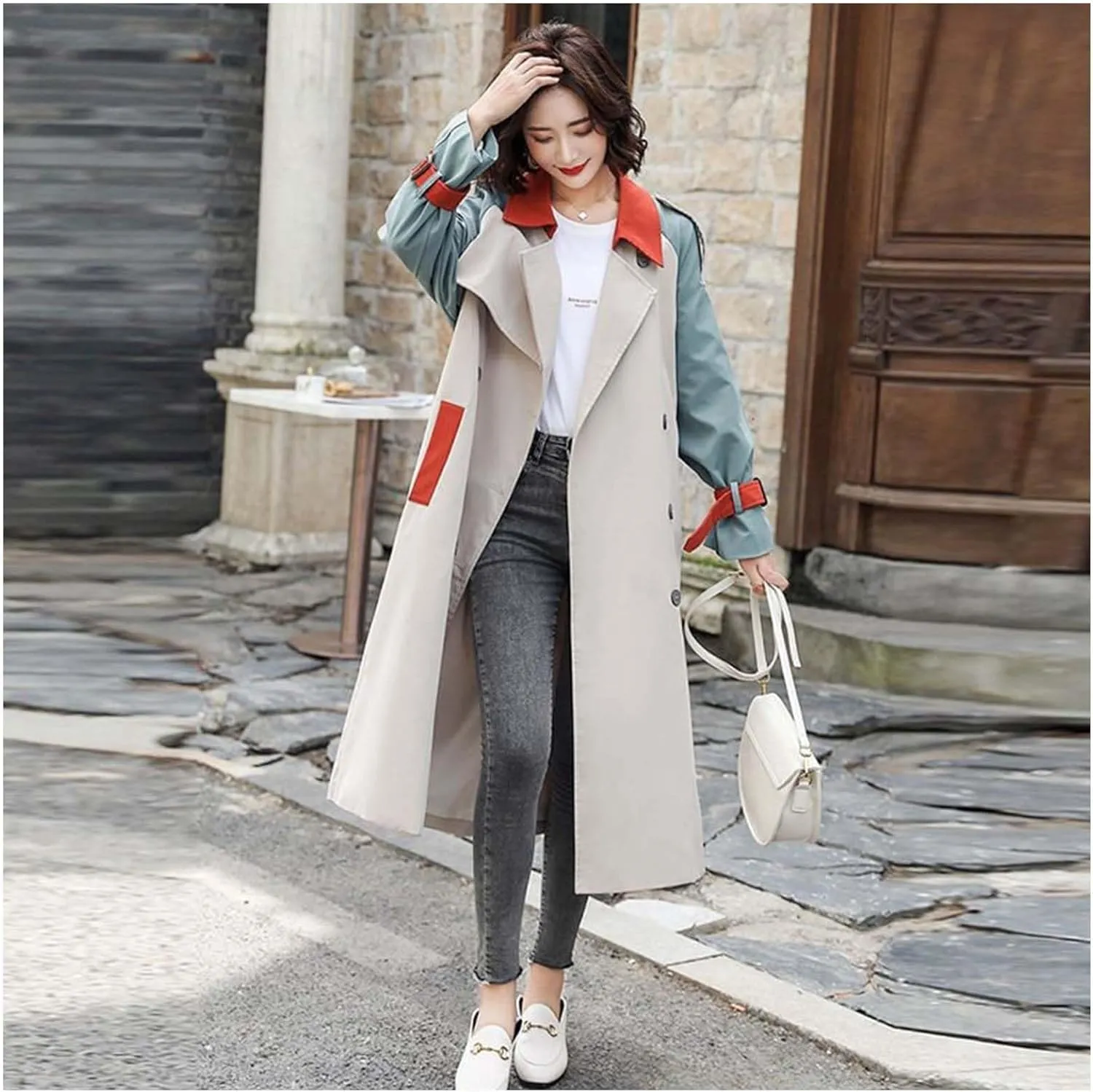 MLAFE Women's Double-Breasted Trench Coat Cute Patchwork Color Clash Coat Classic Loose England Style Lapel for Fashionable