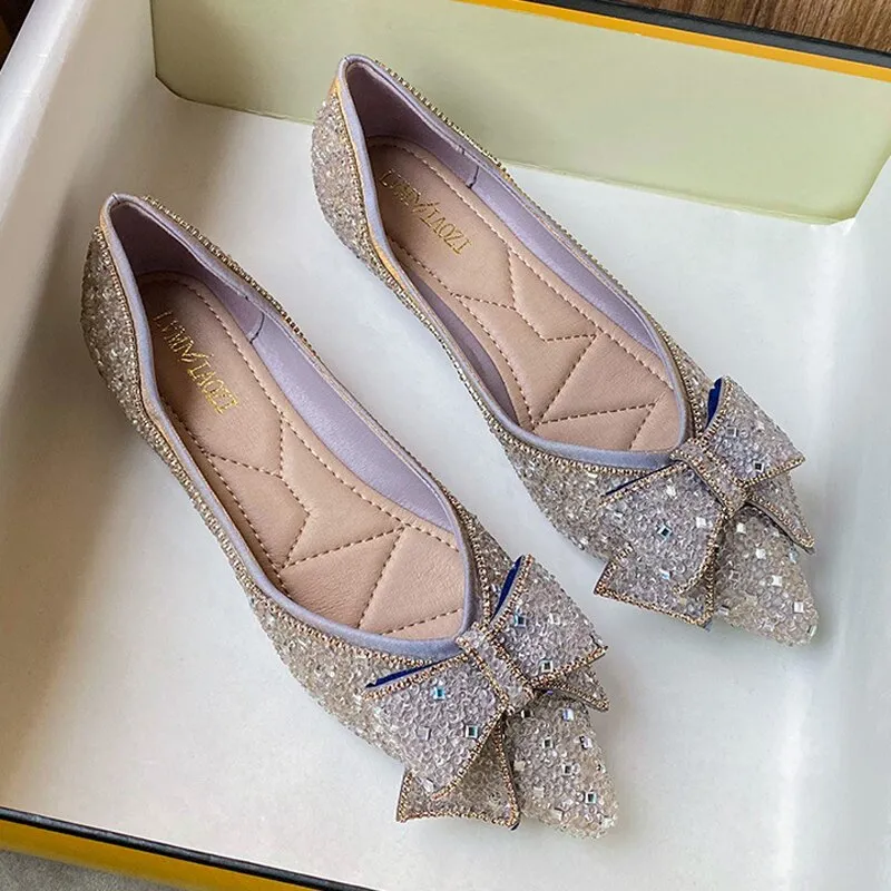 Nanccy Delicate Woman Bowknot Shoes Glitter Sequin Flats