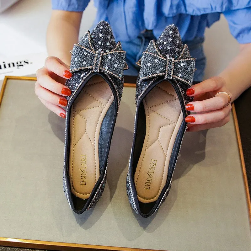 Nanccy Delicate Woman Bowknot Shoes Glitter Sequin Flats